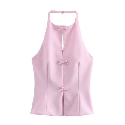 Rosa Halterneck top met Rosetter.